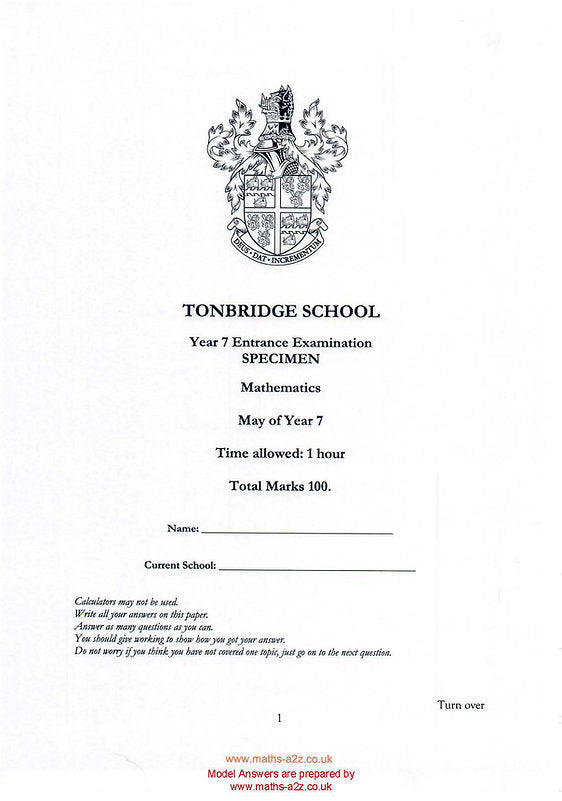 Tonbridge School Year 7 Entrance Exam Maths Model Answers
