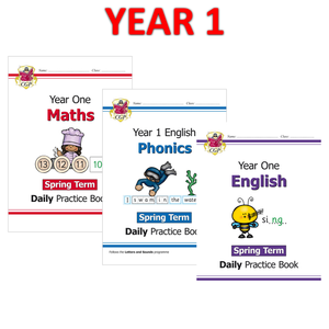 KS1 Year 1 Daily Practice Book Maths Phonics and English 3 Books Spring Term CGP