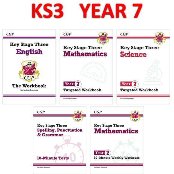 KS3 Year 7 Maths English Science 5 Books Bundle with Answer CGP