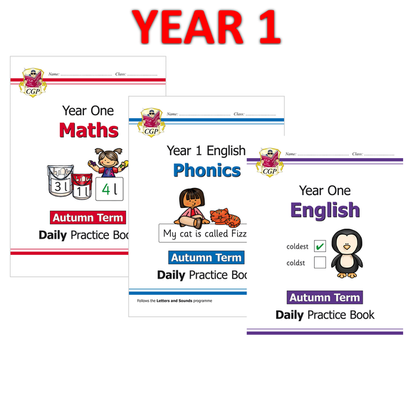 KS1 Year 1 Daily Practice Books Maths Phonics and English 3 Books Bundle Autumn CGP