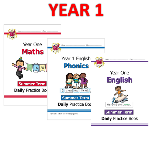 KS1 Year 1 Daily Practice Book Maths Phonics and English 3 Books Summer Term CGP