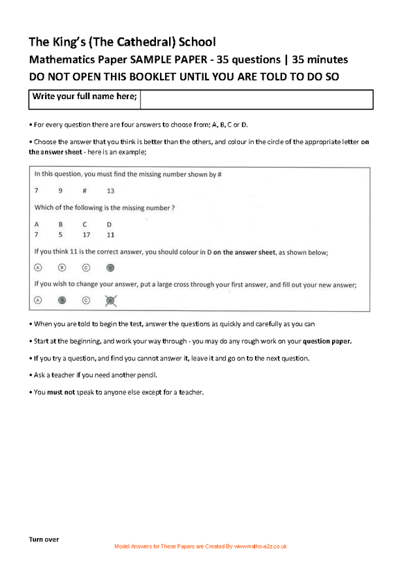 Model Answers for The King’s (The Cathedral) School 2018