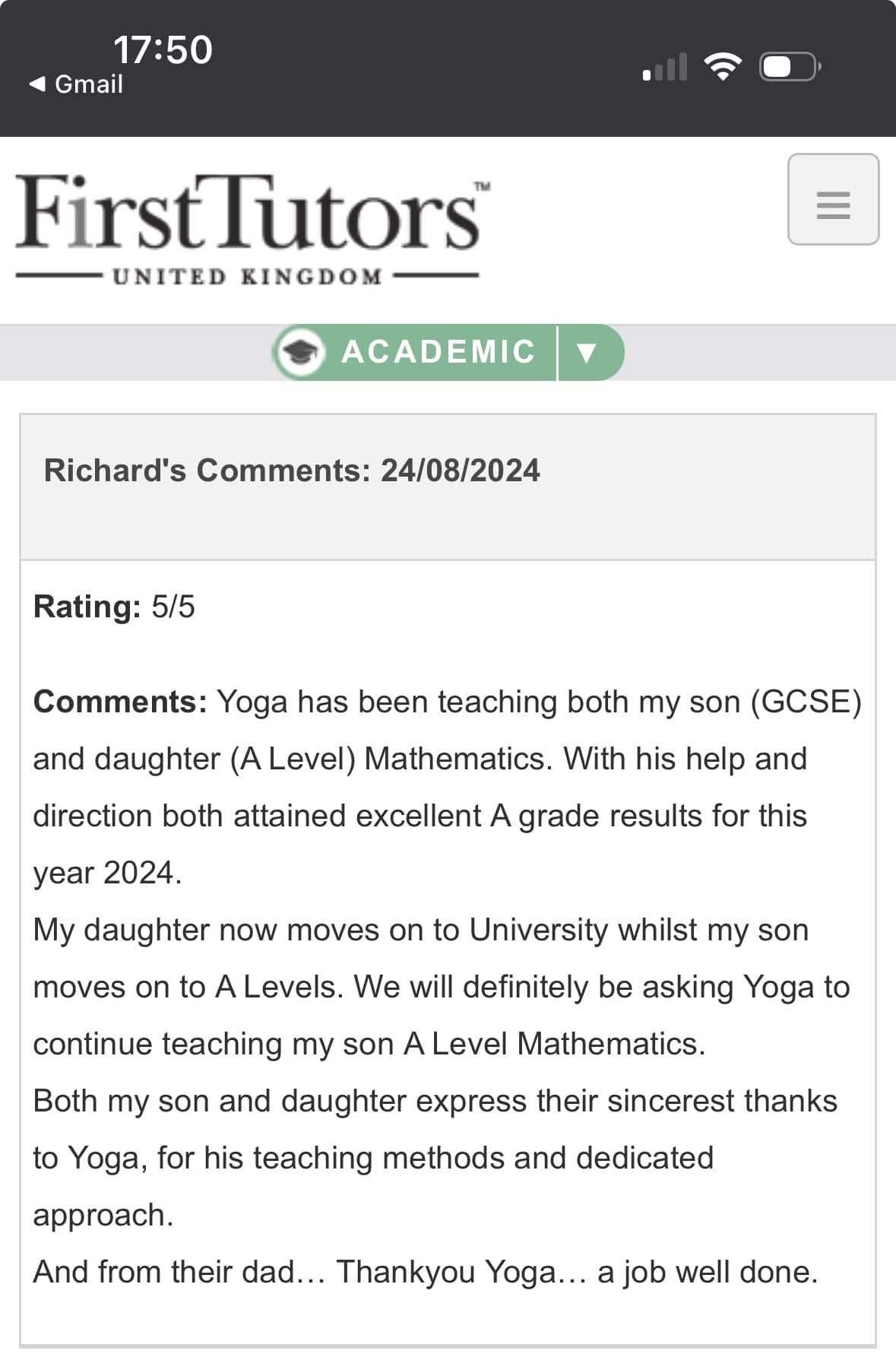 FirstTutors feedback for Yoga R